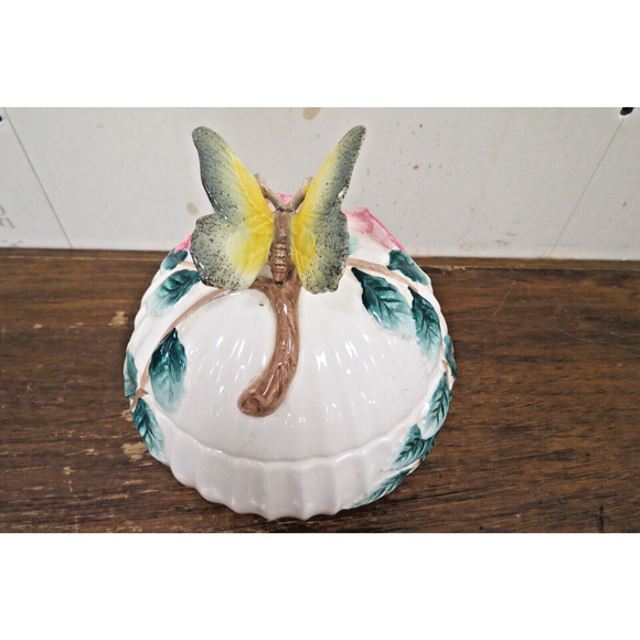 Fitz & Floyd Trinket Or Candy Dish Floral Green Leaves & Butterfly Handle 1992 - Picture 7 of 10